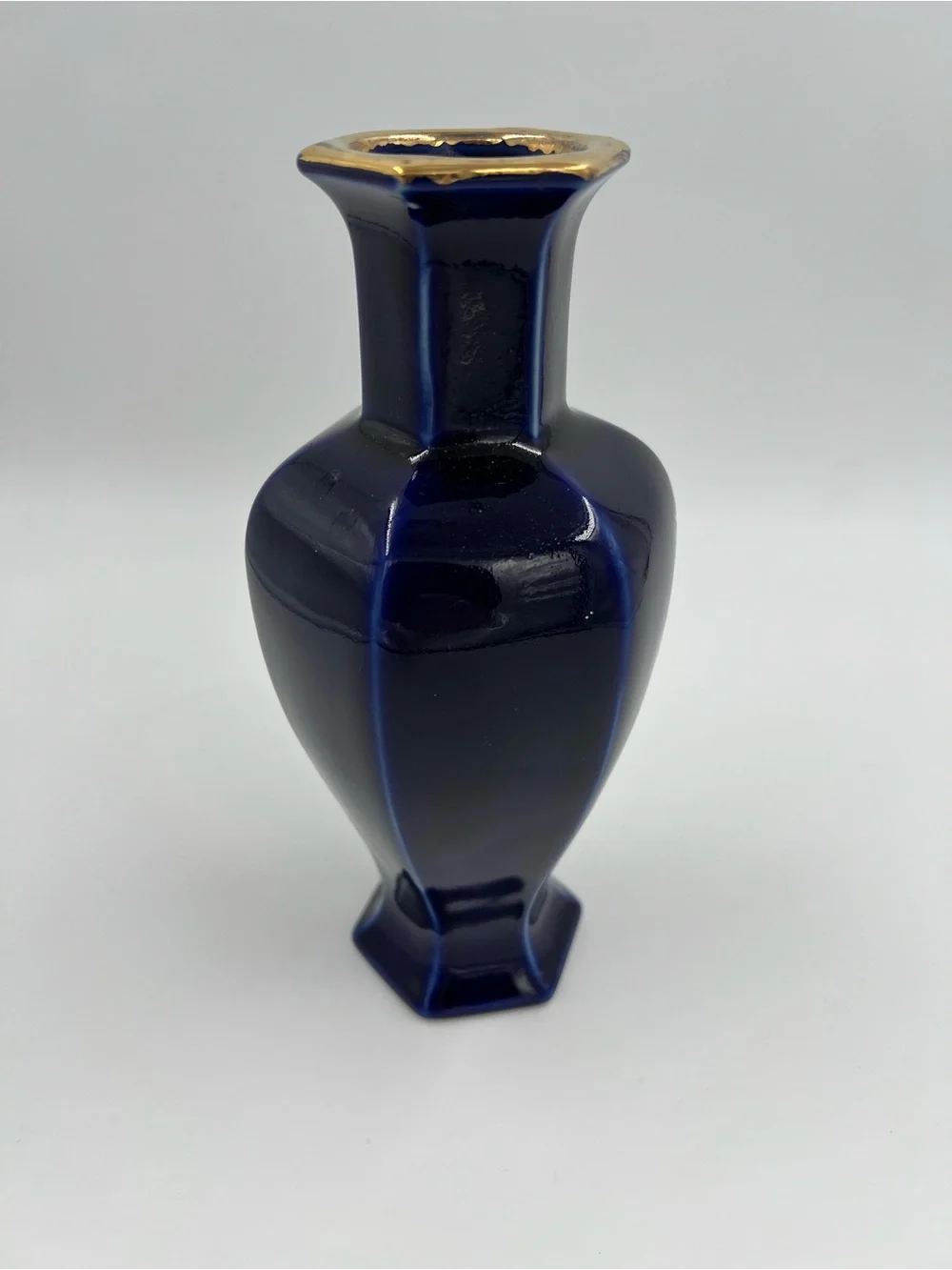 Vintage Japanese Blue Cobalt Porcelain Floral Gold Pheasant Vase 8” Tall